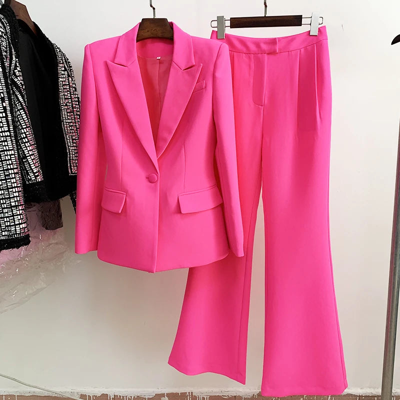 Women's Single Button Slim Fit Blazer & Flare Pants Suit Set – Elegant Two-Piece Business & Casual Outfit