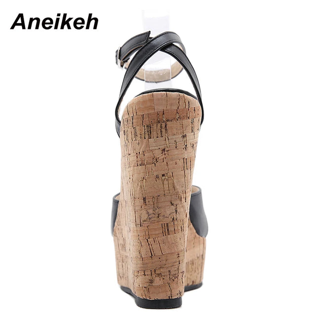 Aneikeh Women's PU Platform Buckle Heels with Woven Slope Design