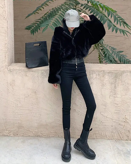 Women's Cropped Hooded Faux Fur Coat