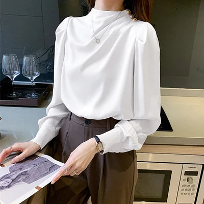 Elegant Women's Satin-Feel Lantern Sleeve Blouse