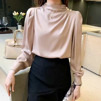 Elegant Women's Satin-Feel Lantern Sleeve Blouse