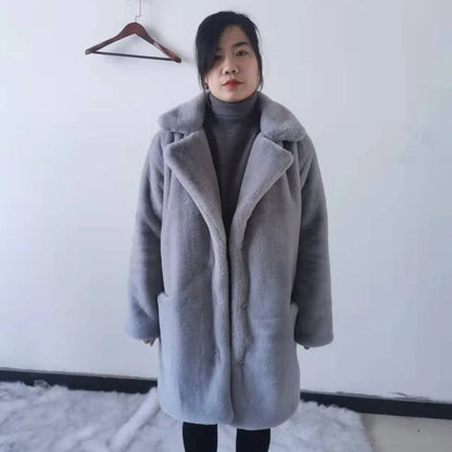 Women's Thick Faux Fur Long Overcoat with Turn-Down Collar