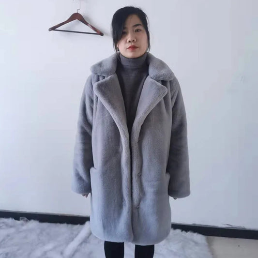 Women's Thick Faux Fur Long Overcoat with Turn-Down Collar