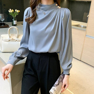 Elegant Women's Satin-Feel Lantern Sleeve Blouse