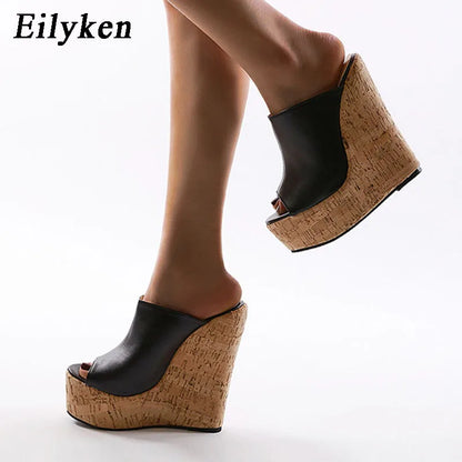 Eilyken Women's Peep Toe Platform Wedges in PU Leather