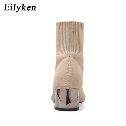 Women's Square Toe Mesh High Heel Boots - Breathable Stretch Style