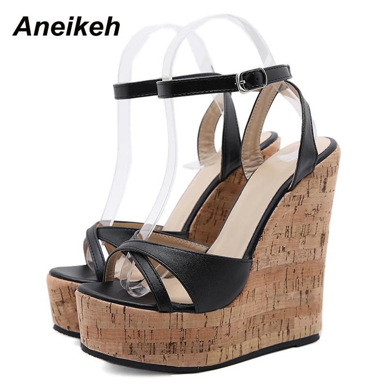 Aneikeh Women's PU Platform Buckle Heels with Woven Slope Design