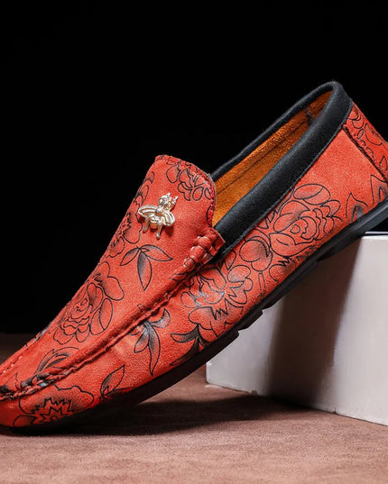 Men's Flower-Printed Faux Leather Slip-On Loafers - Stylish and Comfortable Men's Shoes