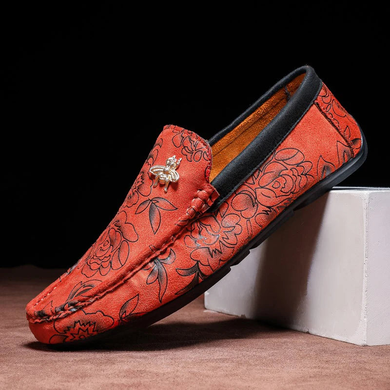 Men's Flower-Printed Faux Leather Slip-On Loafers - Stylish and Comfortable Men's Shoes