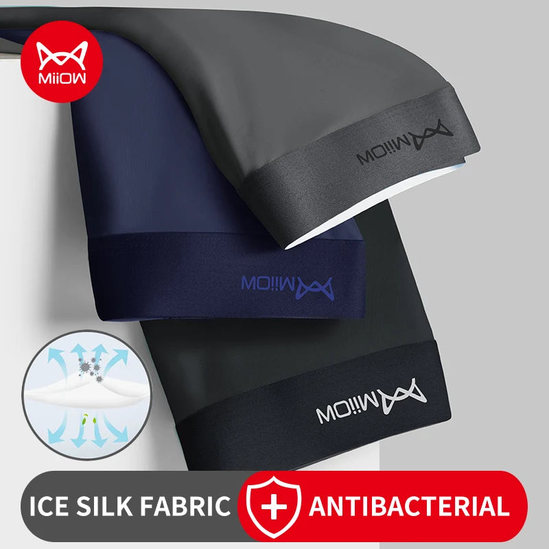 Mens 3-Pack Antibacterial Ice Silk Boxer Shorts with Elastic Waist