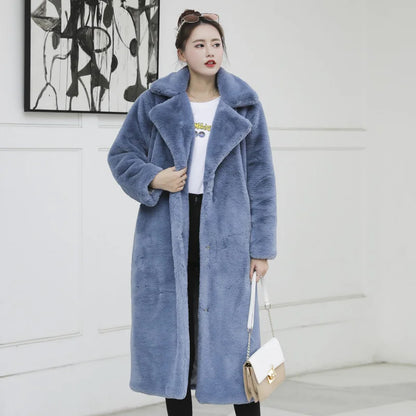Women's Luxury Long Faux Fur Coat with Loose Lapel