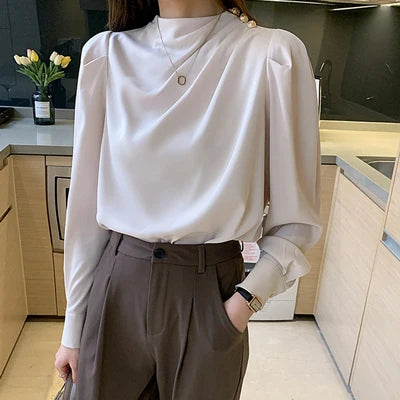Elegant Women's Satin-Feel Lantern Sleeve Blouse