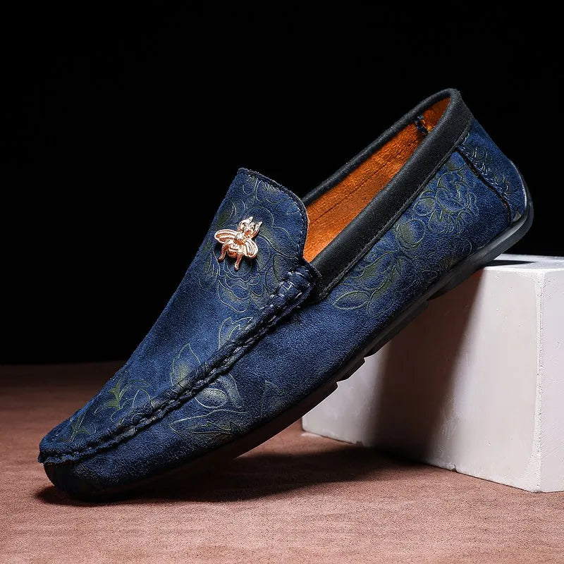 Men's Flower-Printed Faux Leather Slip-On Loafers - Stylish and Comfortable Men's Shoes