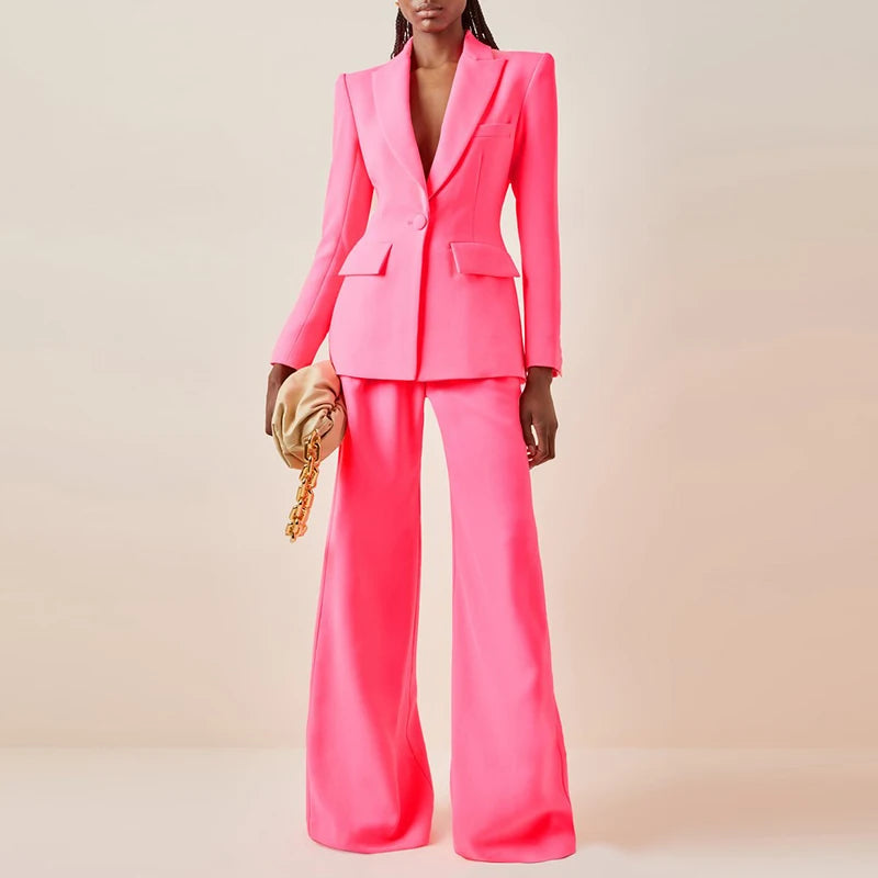 Women's Single Button Slim Fit Blazer & Flare Pants Suit Set – Elegant Two-Piece Business & Casual Outfit