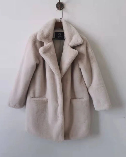 Women's Thick Faux Fur Long Overcoat with Turn-Down Collar