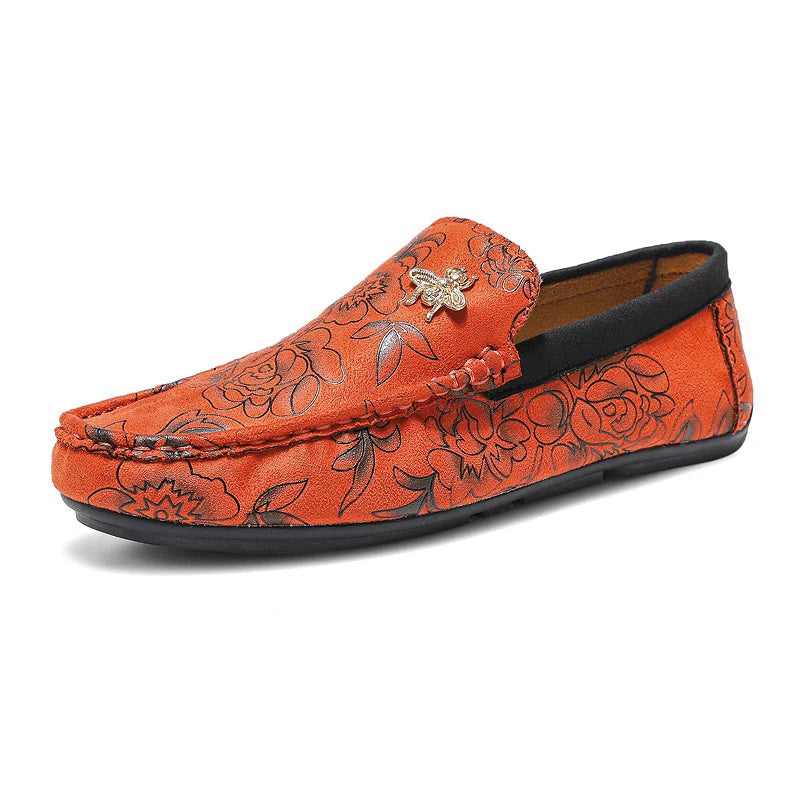Men's Flower-Printed Faux Leather Slip-On Loafers - Stylish and Comfortable Men's Shoes