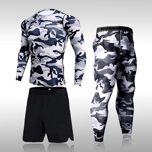 Men's 2-3 Piece Quick-Dry Camouflage Sweater, Shorts, and Pants Set - Compression Sports Suit