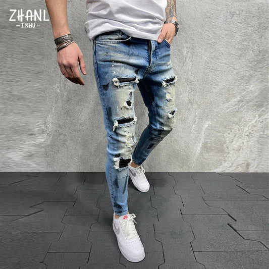 Stylish Men’s Skinny Slim Fit Ripped Jeans with Stretch, Holes, and Patchwork