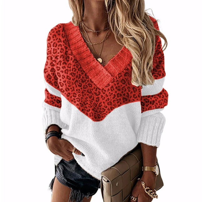 Women's Knitted Sweater with Color Panel and Cut-Out Neckline