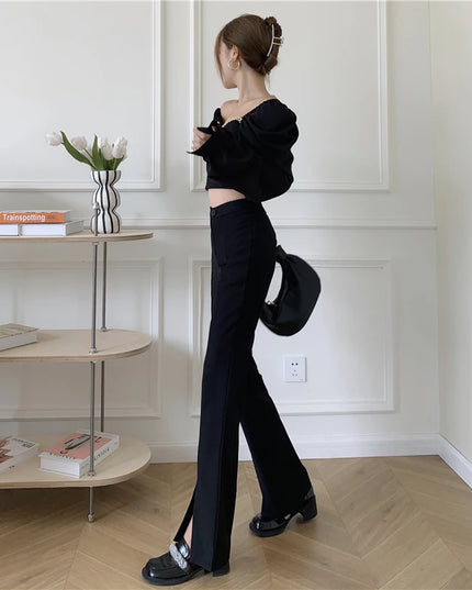 Women's High Waist Slim Fit Micro-Flared Pants - Casual Wide Leg with Split Design