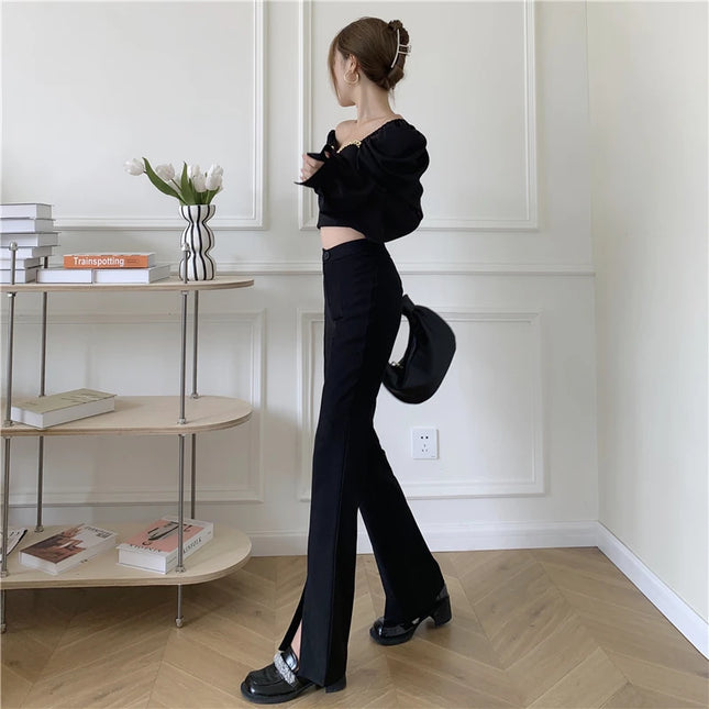 Women's High Waist Slim Fit Micro-Flared Pants - Casual Wide Leg with Split Design