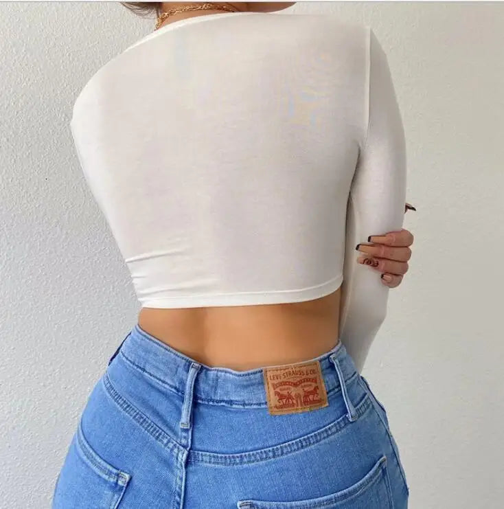Women's Casual Chest Bow Drawstring Long Sleeve Crop Top with Slim Fit and Navel Design
