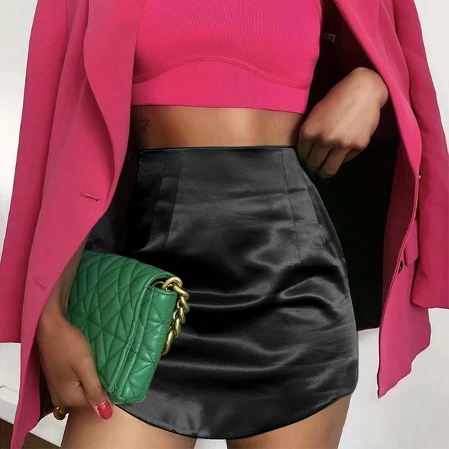 Elegant Slim Mini Skirt for Women - Faux Satin High Zip Design 