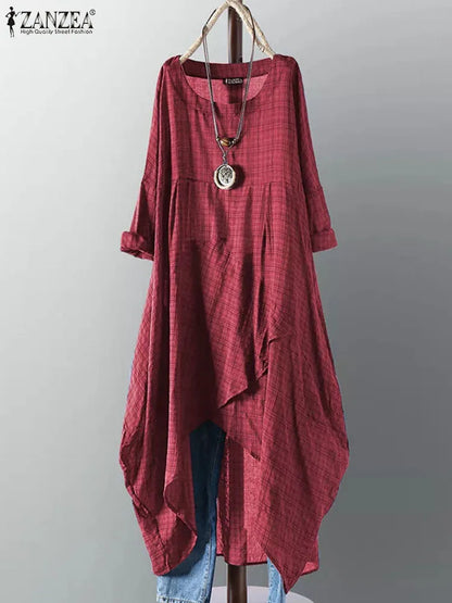 Zanzea Vintage Plaid Midi Dress - Long Sleeve - Women's Casual Dress