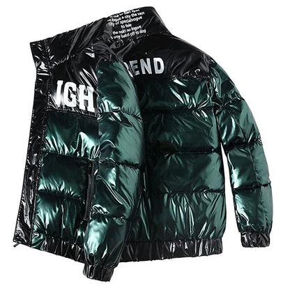 Men's Glossy Thickened Parka Jacket with Stand Collar