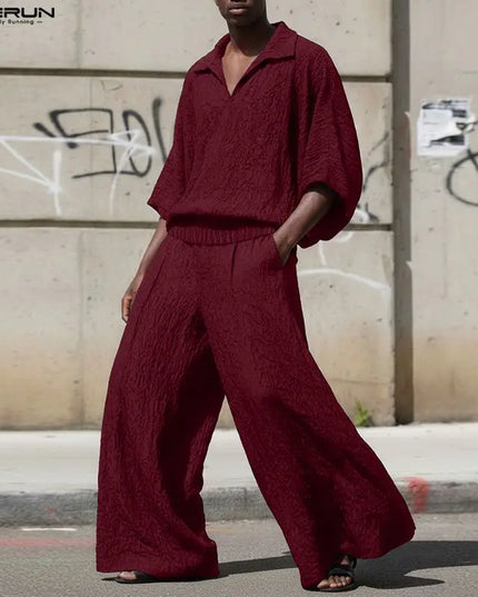 Incerun Men's Two-Piece Oversized Set: Lapel 3/4 Sleeve Shirt and Wide-Leg Pants