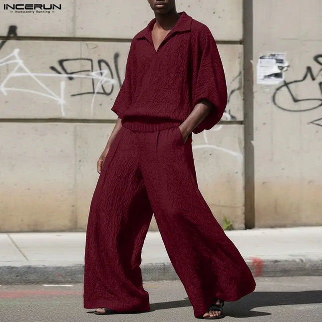Incerun Men's Two-Piece Oversized Set: Lapel 3/4 Sleeve Shirt and Wide-Leg Pants