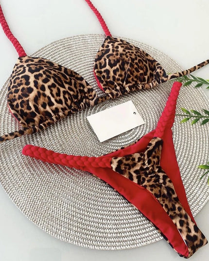 Women Leopard Print  Thong Swimsuit Two Pieces Bikini