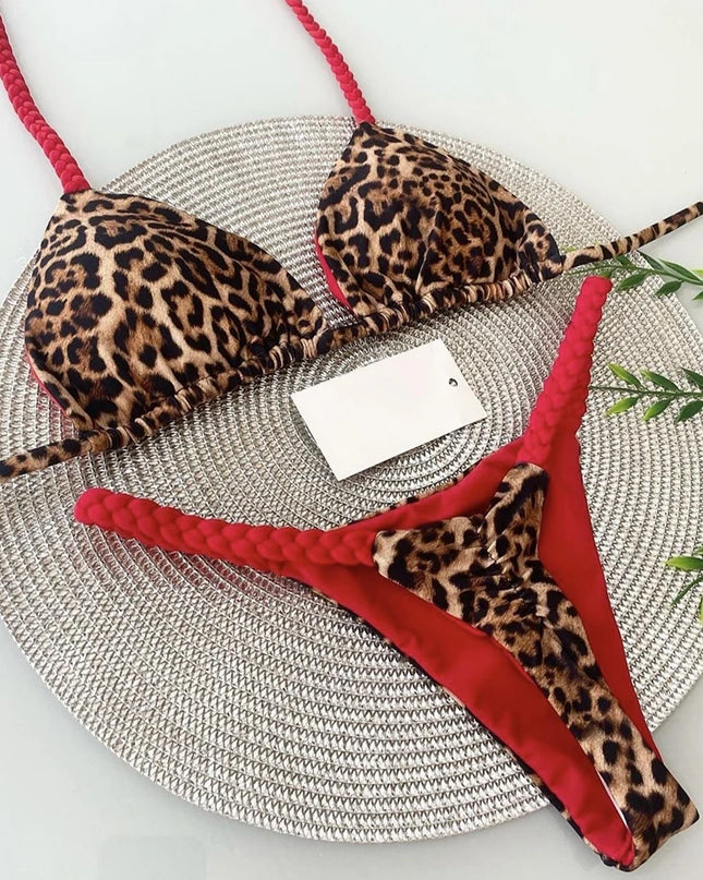Women Leopard Print  Thong Swimsuit Two Pieces Bikini