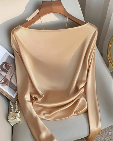 Women's Satin Feel V-Neck Long Sleeve Loose Elegant Blouse