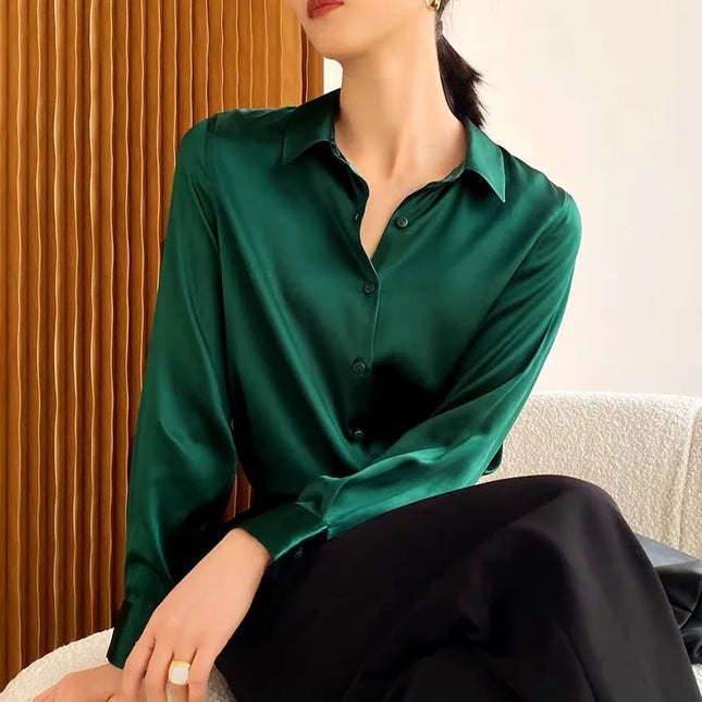 Elegant Satin Women's Blouse with Long Sleeves and Turn-down Collar