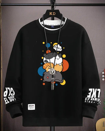 Men's Sweater with Japanese Cartoon Cat Print - Various Colors