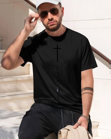 Men's 100% Cotton Casual T-Shirt with Large Cross and Jesus Letter Print
