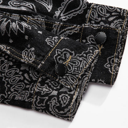 Men's Paisley Print Denim Jacket - Loose Fit Bandana Style Casual Outerwear