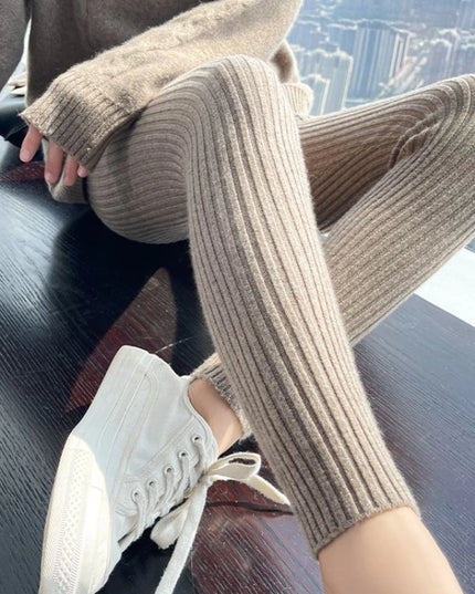 High-Waisted Slim Leggings for Women - Ribbed Knit Thermal Trousers with Ankle-Length Stretch Fit