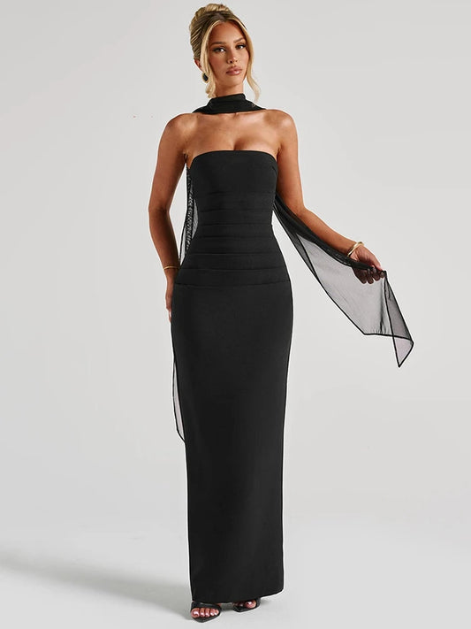 Women's Strapless Off-Shoulder Maxi Dress with Scarf Collar