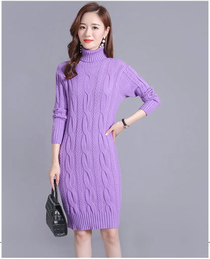 Women's Oversized Knitted Turtleneck Twist Sweater Dress