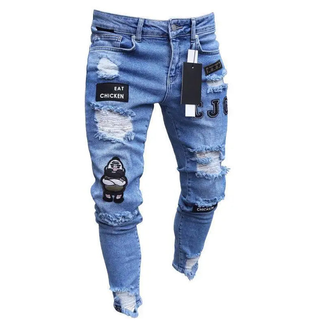 Men's Skinny Slim Fit Ripped Denim Jeans with Stretch, Hole & Patchwork Design