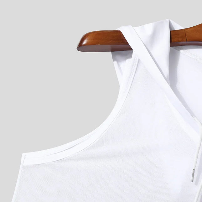 Men's Hooded Sport Tank Top with Transparent Design - Casual Drawstring Fitness Vest