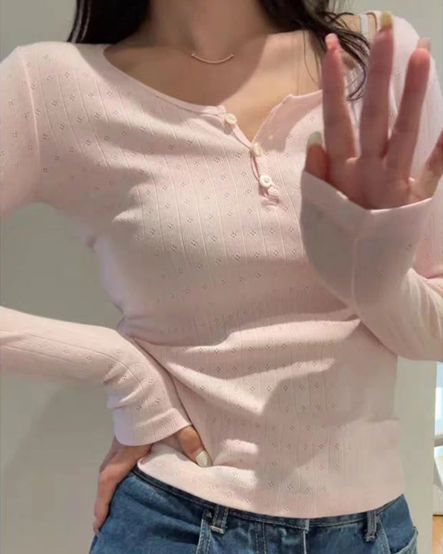 Women's Hollow Out Long Sleeve Round Neck Button-Up Slim Fit Cotton Sweater