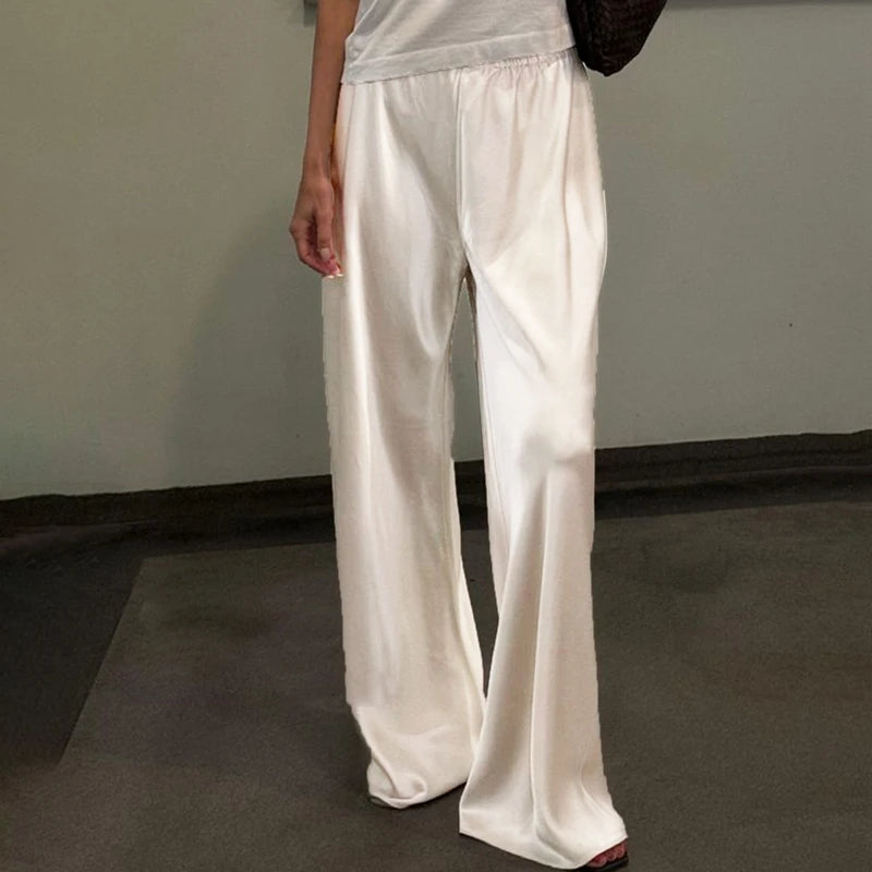 Women's Satin Wide Leg Pants - Casual High Waist Elastic Waistline