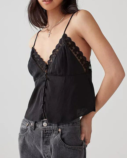 Women's Vintage V-Neck Camisoles with Spaghetti Straps & Button-Down Design