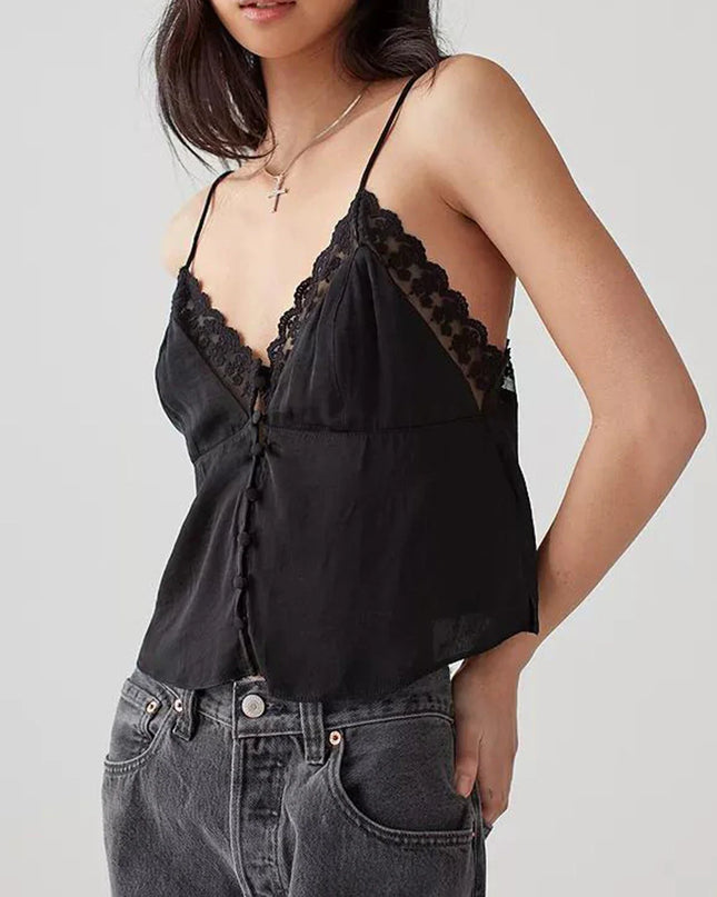 Women's Vintage V-Neck Camisoles with Spaghetti Straps & Button-Down Design