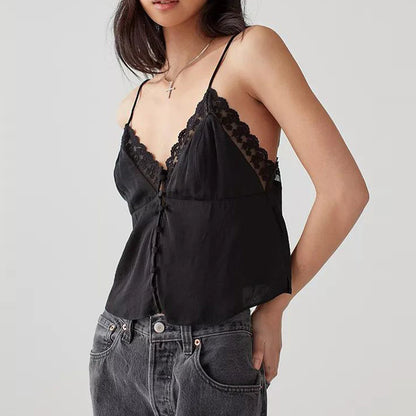 Women's Vintage V-Neck Camisoles with Spaghetti Straps & Button-Down Design
