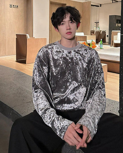 Men's Vintage Velvet Long Sleeve Crew Neck Sweater