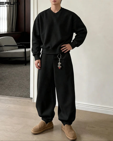 INCERUN Men’s Loose-Fit Two-Piece Set with V-Neck Long-Sleeve Top and Pants